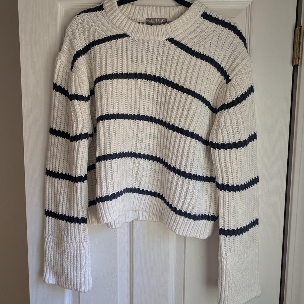 J. Crew Women's Heritage Cotton White & Navy Striped Fisherman Crewneck Sweater